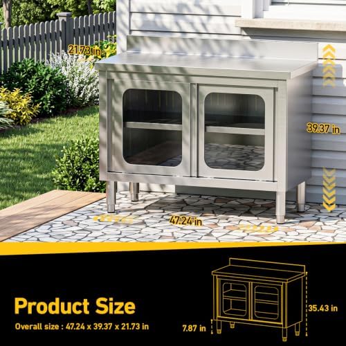 47“ Stainless Steel Work Table with Cabinet, Glass Door Storage Cabinet - Image 2