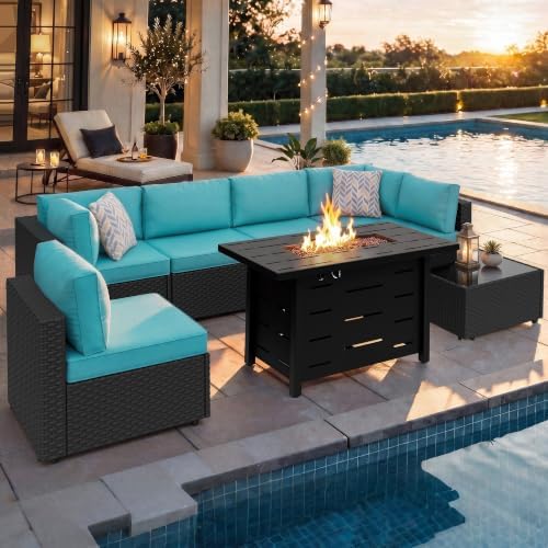 Shintenchi 8 Piece Outdoor Patio Furniture Set with 43 Inch Propane Fire Pit, Washable Cushions, Glass Coffee Table, Waterproof Cover & CSA Certified for Backyard Poolside, Black PE Rattan/Blue by Shintenchi%7CFurnitureMadeforRealLife