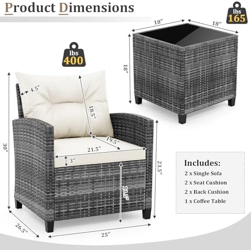 KOTEK 3 Piece Patio Furniture Set, Outdoor PE Rattan Conversation Set with Washable Cushions & Tempered Glass Tabletop, Wicker Chairs and Table Set for Porch, Garden, Balcony (White) - Image 6