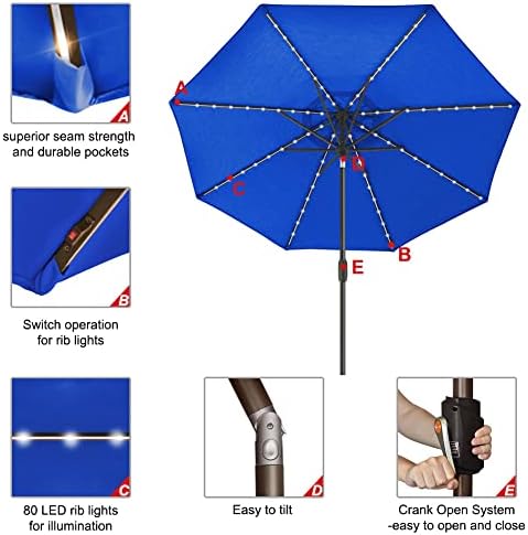 EliteShade USA 10-Year-Non-Fading 9ft Market Patio Umbrella, Commercial Grade Table Sun Umbrella with 80 Solar LED Lights, Crank Open, Windproof & UPF 50+ UV Protection for Garden, Deck, Pool, Backyard, Royal Blue - Image 5