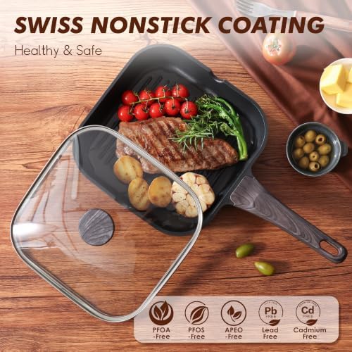 SENSARTE Nonstick Grill Pan with Lid, Grill Pan for Stove Tops, Versatile Griddle with Pour Spouts, Square Big Cooking Surface, Durable Skillet Indoor & Outdoor Grilling. PFOA Free, 11 Inch - Image 2