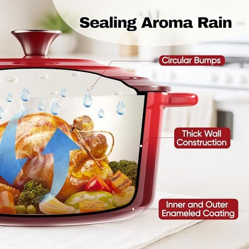 6 Quart Dutch Oven Pot with Lid, Non Stick Enameled Cast Iron Dutch Oven for Bread Baking, Heavy-Duty, Oven Safe Ceramic Cookware Up to 500°F for Baking, Braising, Stews, Roasting, Red - Image 6