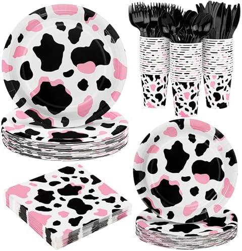 Kochorie 350 PCS Pink Cow Print Party Supplies Set for 50 Guests Includes Cowgirl Pink Cow Party Plates Cups Napkins Utensils for Western Birthday, Baby Shower, Bachelorette Disposable Tableware by Kochorie