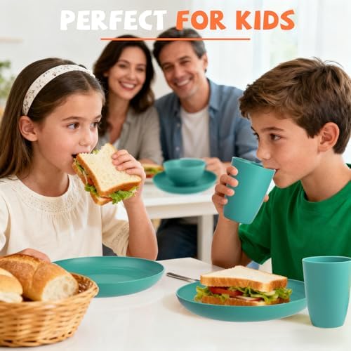 Wheat Straw Dinnerware Sets for 4, 20 PCS Unbreakable Lightweight Kids Plates and Bowls Sets, Dishwasher Microwave Safe Dinnerware Set, Perfect for Kitchen Dorm Camping Outdoor - Green - Image 4