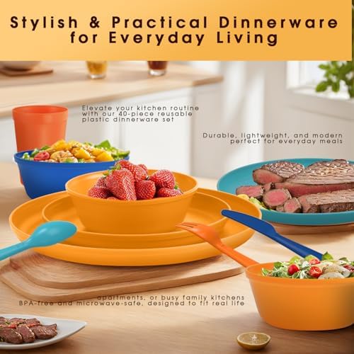 40 Piece Plastic Dinnerware Set for 8 with Cutlery, Unbreakable Plates and Bowls Set, Dishwasher & Microwave Safe Reusable Dish Set for Camping, RV, Outdoor Kitchen, Apartment Dining,Tropic Multicolor - Image 7
