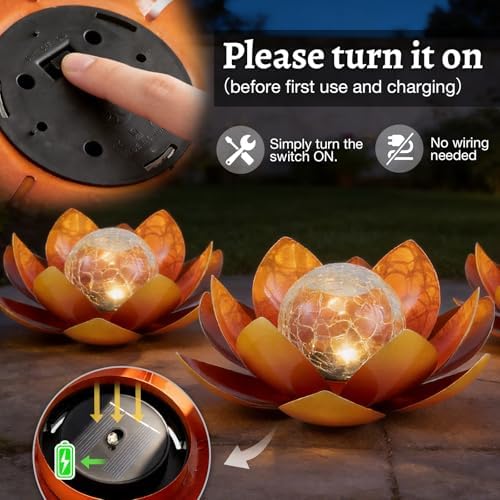 Huaxu Solar Lights Outdoor Garden Decoration Crackle Globe Glass Waterproof LED Metal Orange Lotus Flowers Gift for Mom,Women,Patio,Lawn,Walkway,Tabletop,Ground - Image 6