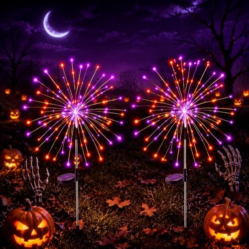 btfarm 2 Pack Solar Halloween Lights Outdoor, Orange Purple Firework Light by btfarmdecorativelighting