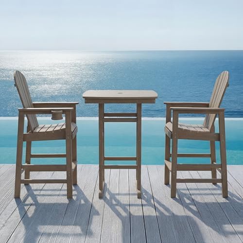 3-Piece HDPE Bar Height Table and Chairs Set, 42.1" Square High Top Pub Table with Umbrella Hole, 2 Adirondack Charis with Cup Holders, Outdoor Patio Dining Set for Bistro Backyard Deck Barnwood - Image 7