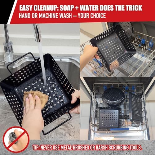 Qetumst Small Non-Stick 3 Piece Grill Basket Set – BBQ Grilling Basket for Vegetables, Seafood & Meat – Heavy Duty Perforated Grill Pan for Charcoal, Gas and Outdoor Grills, Easy to Clean Grilling Accessories - Image 5
