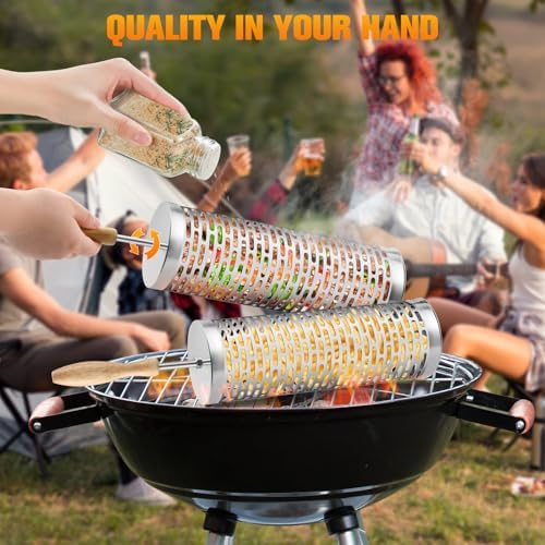 Rolling Grill Basket, Removable Wooden Handle, 304 Stainless Steel, Nesting Smoker Net, BBQ Accessories Tools for Vegetable Shrimp, Outdoor Cooking Camping (B) - Image 3