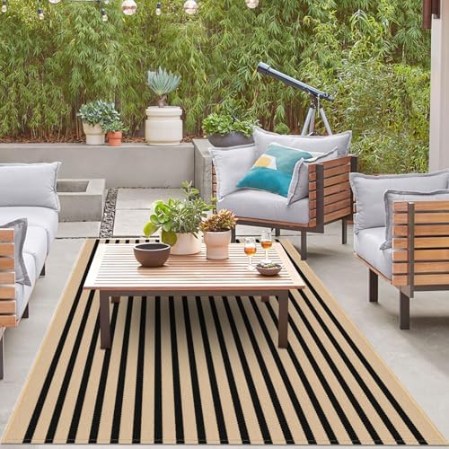 IOHOUZE 5x7 Striped Area Rug, Washable Indoor Outdoor, Tan Black - Image 4