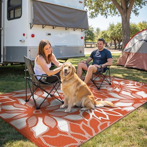 GENIMO Outdoor Rug Waterproof for Patio Decor, 6' x 9' Reversible Plastic Straw Floral Camping Carpet, Large Area Rugs Mats for RV, Camper, Deck, Balcony, Porch, Beach, Picnic, Orange & White - Image 5