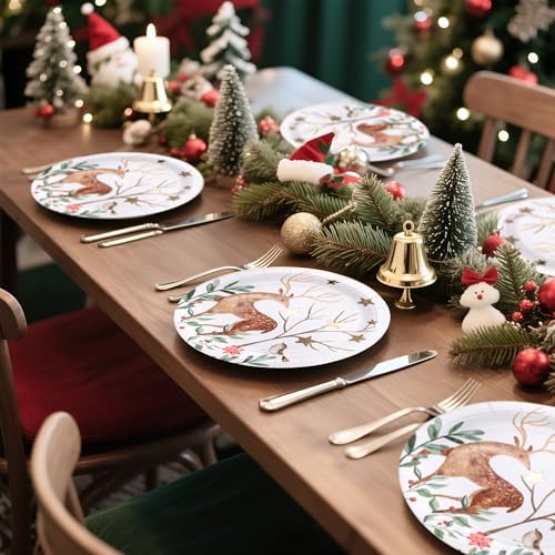 WRAPAHOLIC 25Pcs Christmas Paper Plates - 9 Inch Gold Foil Forest Reindeer Disposable Plates Decorative Dinner Plates for Christmas Party Tableware Supplies Table Decor - Image 3