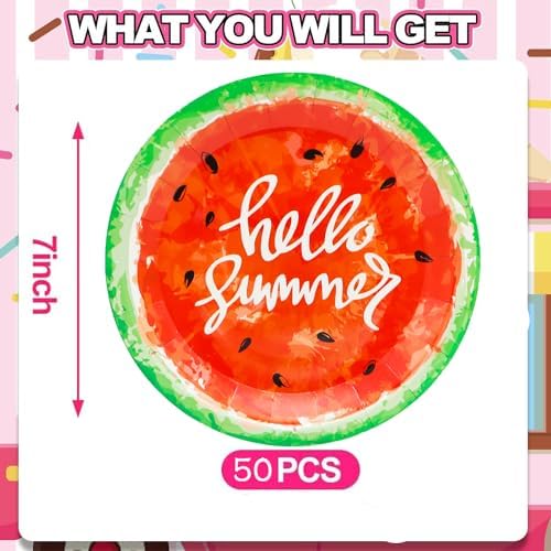 50Pcs Watermelon Party Supplies Watermelon Paper Plate,7" Sweet Water melon Dessert Plates Summer Fruit Plates for Baby Shower Summer Fruit Birthday Party Decor (Red) - Image 2