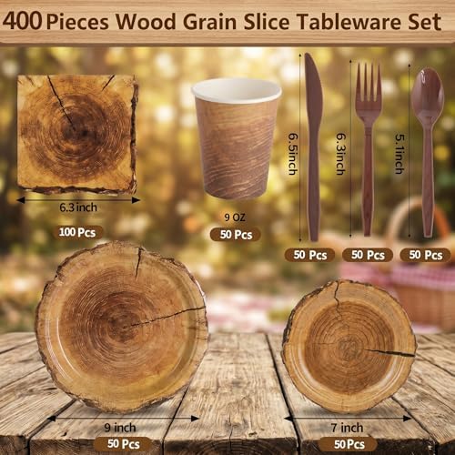 400 Pcs Disposable Rustic Wood Grain Slice Tableware Set for 50 Guests - Image 2