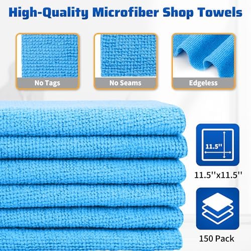 Shop Towels, 150 Pack Cleaning Rags Microfiber Towels, Bulk All-Purpose Microfiber Cleaning Cloth Lint-Free Wipe Washcloth for Commercial Garage Automotive & Housekeeping 11.5"*11.5" - Image 2