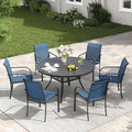 VICLLAX Patio Dining Set for 6, All Weather Metal Outdoor Furniture Set- 47" Round Patio Table and Chairs, Black Tabletop and Blue Fabric by HOME