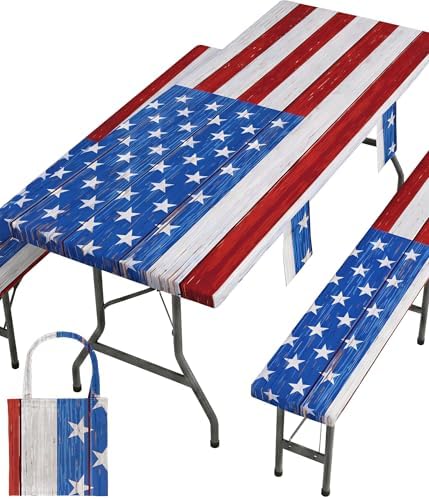 Picnic Table Cover with Bench Covers Waterproof Rectangle Tablecloth Camping Essentials Supplies Rv Travel Gear Must Haves Accessories Fitted Table Cloth Outdoor Road Trip Camper Gifts American Flag by Wrakus