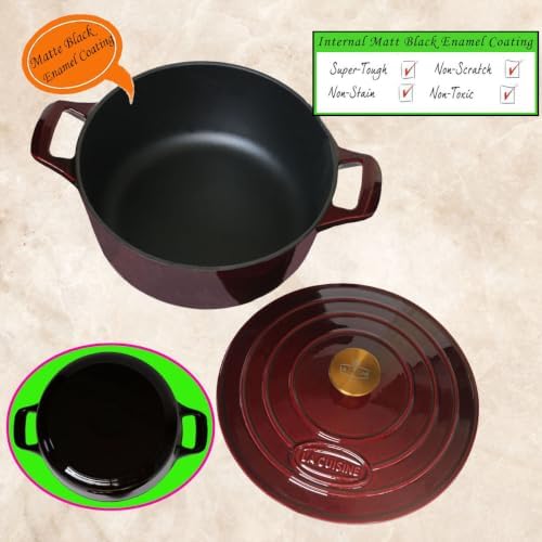 La Cuisine Enameled Cast Iron Dutch Oven Casserole Pot with Golden handle for Lid, Internal Matte Black Enamel Coating, 5 QT 10.5" / 26cm Ø, Oven-Safe 550°F/276°C, Cranberry - Image 3