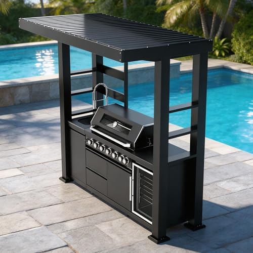 94-Inch 6-Burner 85000 BTU Natural Gas Grill Island with Shed, 304 Stainless Steel Black, Outdoor Kitchen with Wine Cooler, Rotisserie, Granite Countertops & Storage, For Backyard BBQ, Black by Dvasovio