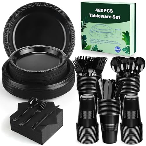 Kochorie 480 Pieces Black Plastic Dinnerware Set for 60 Guests Disposable Heavy Duty Plates Napkins Cups and Silverware Dessert Dinner Plates for Halloween Birthday Wedding Party Supplies - Image 4