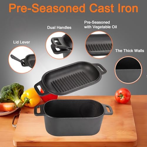2-in-1 Pre-Seasoned Cast Iron Dutch Oven Pot with Lid as Skillet, Grill Pan, with Lid Lever, Dual Loop Handles, Oval Heavy Dutch Oven for Bread Baking, Frying, Camping, BBQ, 3.8 QT Black - Image 5
