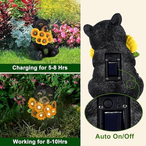 Solar Garden Lights Outdoor Statues Black Bear with Sunflowers - Image 3