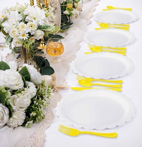 HEIPINIUYE 75 Pack Yellow Plastic Cutlery Heavy Duty Yellow Plastic Knives Forks and Spoons Disposable Silverware Set for 25 Guest Camping Birthday Baby Shower Party Cutlery Set - Image 6