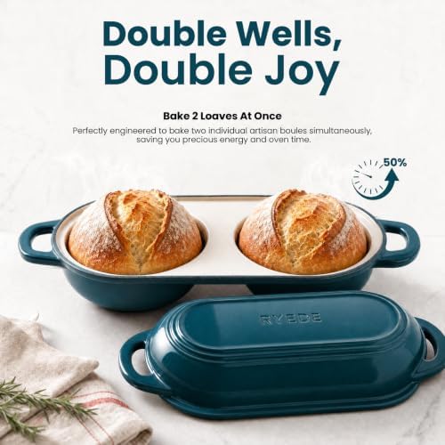 Enameled Cast Iron Bread Loaf Pan with Lid,Double Sourdough Baking Pan-Teal - Image 2