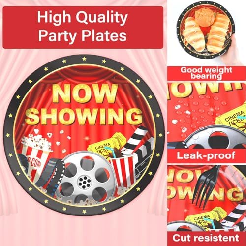 Naozinebi Movie Night Party Plates Movie Themed Paper Tableware Now Showing Theater Themed Decorations Dinnerware for Film Action Lights Camera Red Carpet Birthday Party Supplies Serve 24 - Image 4