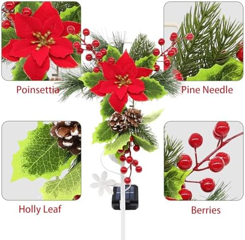 4 Pack Solar Christmas Decorations Outdoor, 32 Inch Solar Christmas Cross Stake Lights, Waterproof Grave Decorations with Poinsettia Flower Pinecones Red Berries for Garden Yard Patio Lawn Cemetery - Image 3