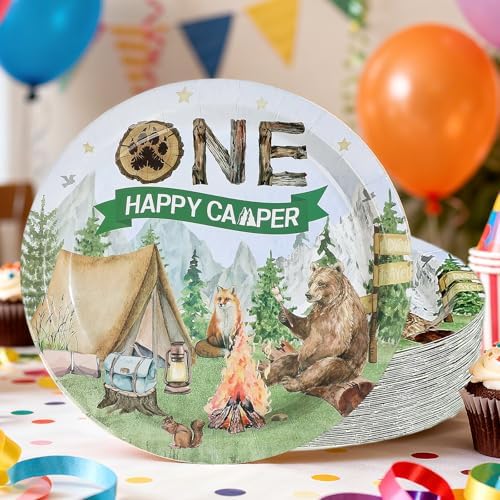50Pcs Camping One Paper Plates Camper Themed 9" Dessert Plates Disposable One Happy Birthday Camper Theme Party Decorations for Boys Adventure Camping Theme Party 1st Birthday Party Supplies - Image 5