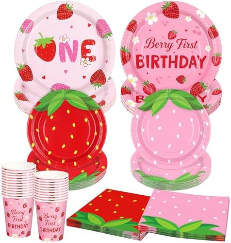 Kochorie 96 Pieces Berry First Birthday Decor Disposable Strawberry Tableware Set Include Fruit 7/9 Inch Paper Plates Cups Napkins Serve 24 Guests for Sweet One Baby Shower Berry Party Supplies by Kochorie