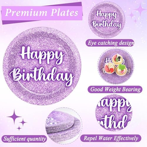 96PCS Purple Glitter Birthday Party Plates and Napkins Purple K-pop Tableware Party Paper Plates Glitter Disposable Dinnerware Parties Set for Girls Women Birthday Sprinkle Anniversary Decorations - Image 3