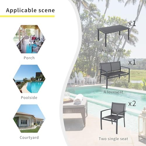 Shintenchi 4 Pieces Patio Furniture Set All Weather Textile Fabric Outdoor Conversation Set, with Glass Coffee Table, Loveseat, 2 Single Chairs for Home, Garden, Lawn, Porch（Gray） - Image 4