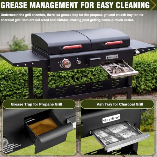 Bestfire Dual Fuel Gas & Charcoal Grill Combo, 327 Sq.In Propane Flat Top Griddle w/Cast Iron Griddle, Dual Lids, Side Shelves, Outdoor Griddle for Small Gatherings & Cookouts - Image 6