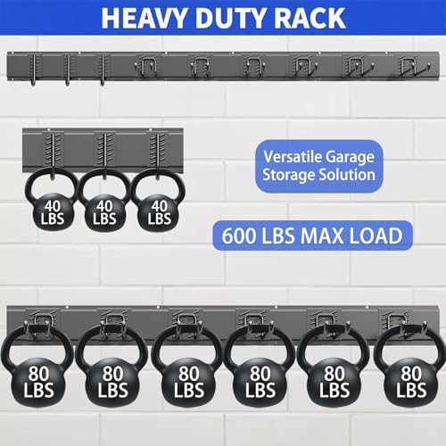 Garage Tool Organizer Wall Mount, 48 Inch Heavy Duty Garden Tool Organizer Storage System, Easy Install with 9 Adjustable Hooks, for Garage, Basement, Shed, Workshop, Black, Steel - Image 3