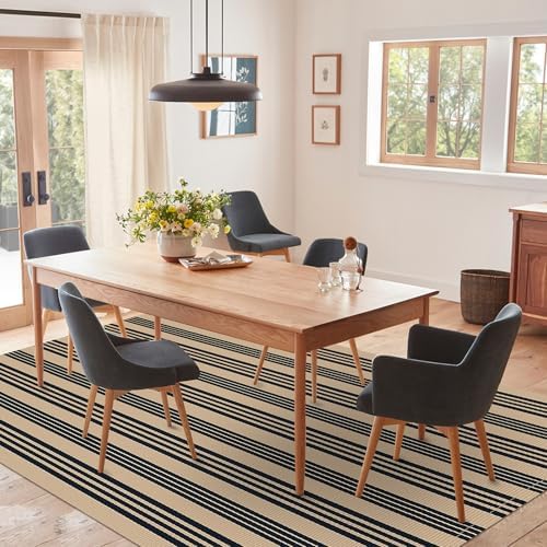 IOHOUZE 5x7 Striped Area Rug, Washable Indoor Outdoor, Black Tan - Image 2