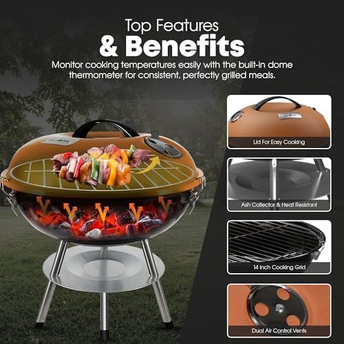 GasOne 14-inch Portable Charcoal Barbecue Grill with Thermometer Lux Brown - Image 4