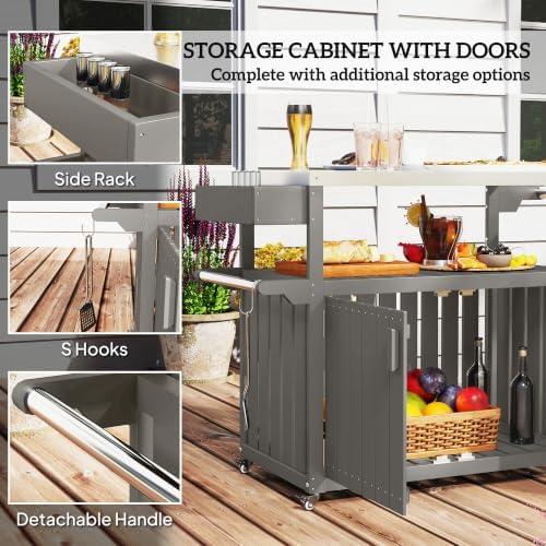 Outsunny Outdoor Bar Cart with Storage Cabinet Kitchen Island Dark Gray - Image 6