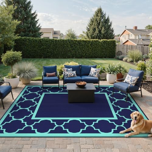 GENIMO Outdoor Rug, Waterproof Plastic Rugs for Patio, 9'x12' Blue Green - Image 2