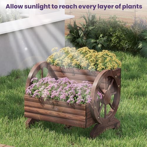 Wooden Wagon Planter Flower Cart Farm Stand Garden Decor Planter for Outdoor Patio Balcony Decoration,Rustic Farmhouse Wishing Well Decor Succulent Planter Indoor Backyard (Carbonized) - Image 6