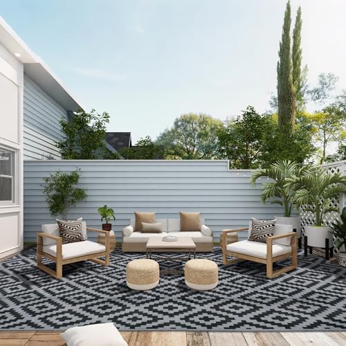 SAND MINE Waterproof Outdoor Rug 10x20 ft, Plastic Reversible Rug, Modern Area Rug, Large Floor Mat for Outdoors, RV, Patio, Backyard, Deck, Picnic, Beach, Camping, Black & Grey - Image 6