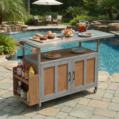 LUMISOL Grill Cart with Foldable Stainless Steel Top, Mobile Outdoor Kitchen Island with Storage Cabinet and Towel Rack, Espresso+Grey - Image 3
