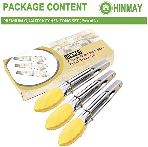 HINMAY 7-Inch Mini Tongs with Silicone Tips, Set of 3 (Yellow) - Image 3