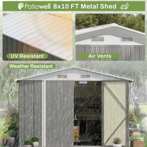Patiowell 8x10 FT Outdoor Storage Shed, Metal Sheds, Gray - Image 3