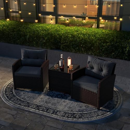 Tangkula 3 Pieces Patio Furniture Set, PE Rattan Wicker 3 Pcs Outdoor Sofa Set w/Washable Cushion and Tempered Glass Tabletop, Conversation Furniture for Garden Poolside Balcony (Grey) - Image 4