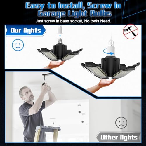 Garage Light Bulbs - Garage Lights Led Screw into Bulb Socket with 6 Deformable Panels 6500K Basement Light Fixture E26 Base Led Shop Lights for Basement Workshop Warehouse Attic - 4Pack - Image 5