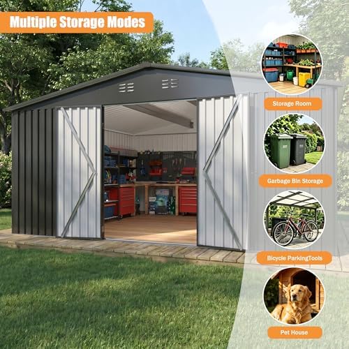 14x12 FT Outdoor Storage Shed, Metal Garden Shed with Lockable Door & Sloped Roof, Large Waterproof Utility Tool Shed for Backyard, Garden, Patio, Lawn, Black - Image 6