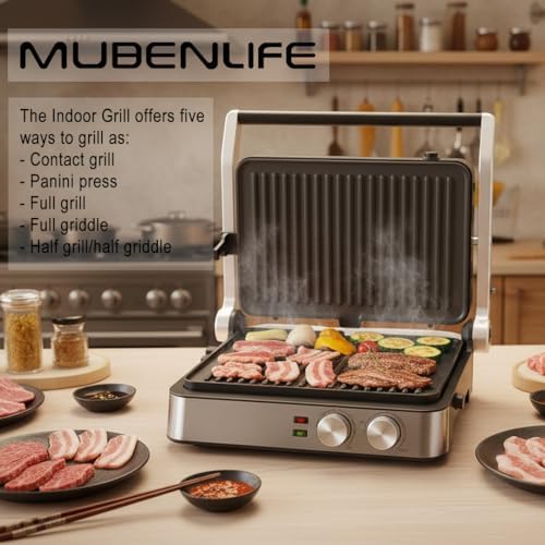 Panini Press,4 Slices Contact Grill with Removable Non-Stick Coated Grill and Flat Plates,Panini Makers with Temperature Control and Timer,Open 180 Degrees,Grill and Griddle (Half black with sus) - Image 3